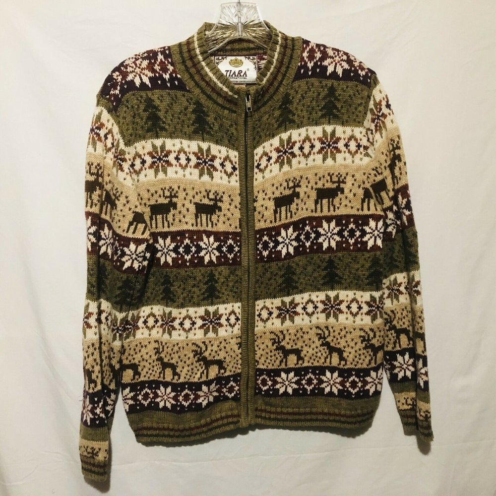 Tiara Women Cardigan Sweater Sz PM Moose Snowflake